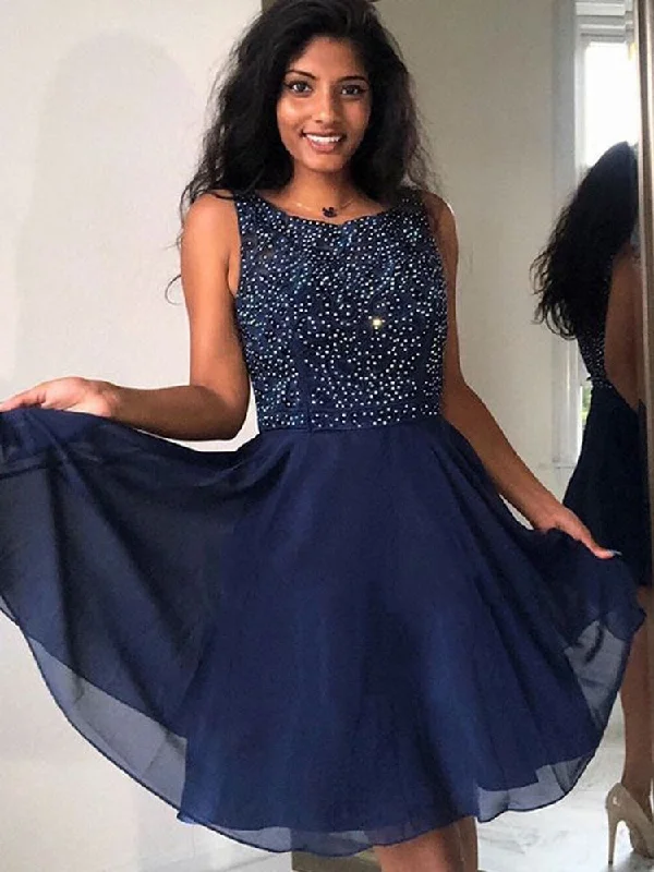 mermaid prom dressesCute A Line Round Neck Beaded Navy Blue Short Prom Dresses Homecoming Dresses, Navy Blue Formal Dresses, Graduation Dresses