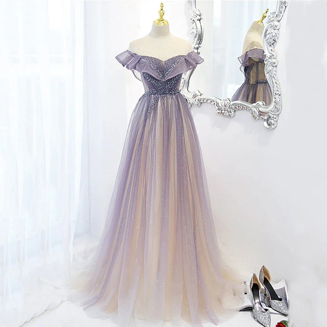 short prom dressesLight Purple Shiny Tulle Gradient A-line Sweetheart Prom Dress, Long Tulle Formal Dress