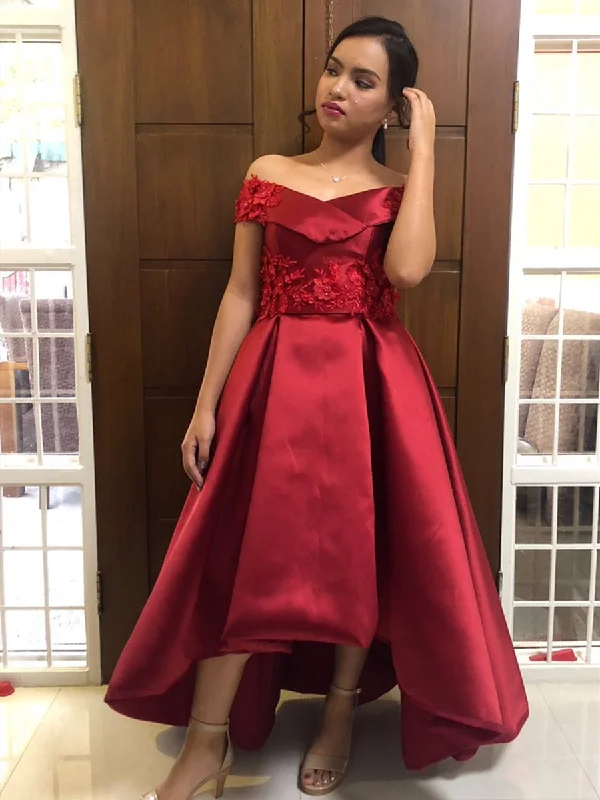 plus-size prom dressesOff Shoulder High Low Satin Lace Burgundy Prom Dresses with Appliques, Burgundy Lace Formal Dresses, Homecoming Dresses, Graduation Dresses