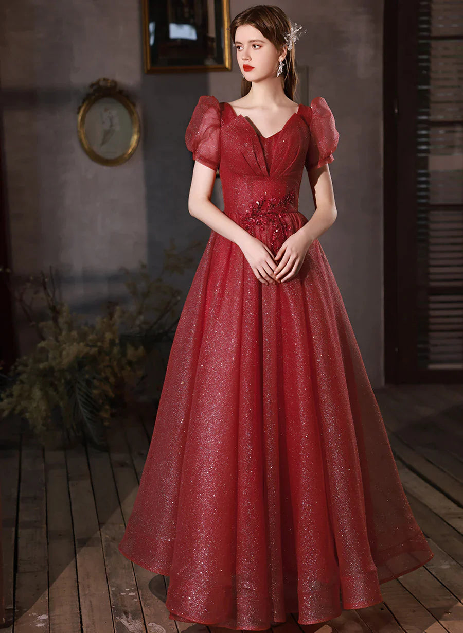 prom dress alterationsWine Red Tulle Shiny Tulle V-neckline Lace-up Prom Dress, Wine Red Formal Dress