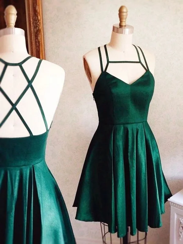 sweetheart neckline prom dressesV Neck Short Hunter Green Prom Dress with Cross Back, Short Hunter Green Formal Graduation Homecoming Dresses