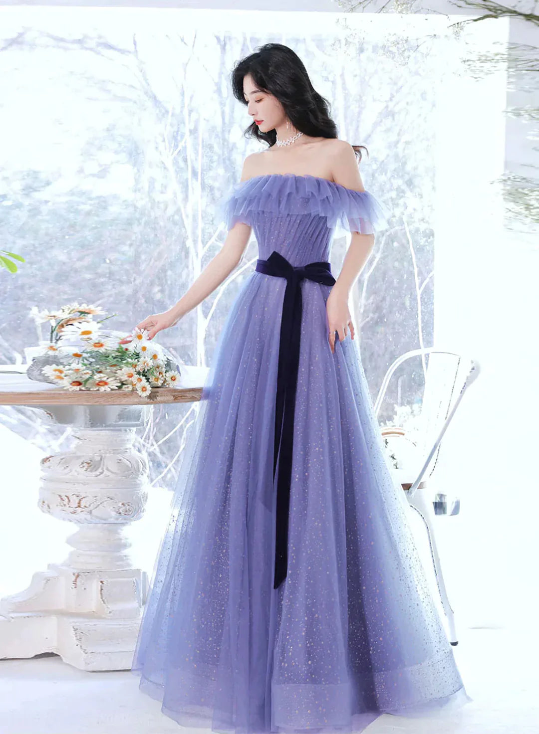 sequined prom dressesOff Shoulder Sweetheart Tulle Light Purple Formal Dress, A-line Tulle Junior Prom Dresses