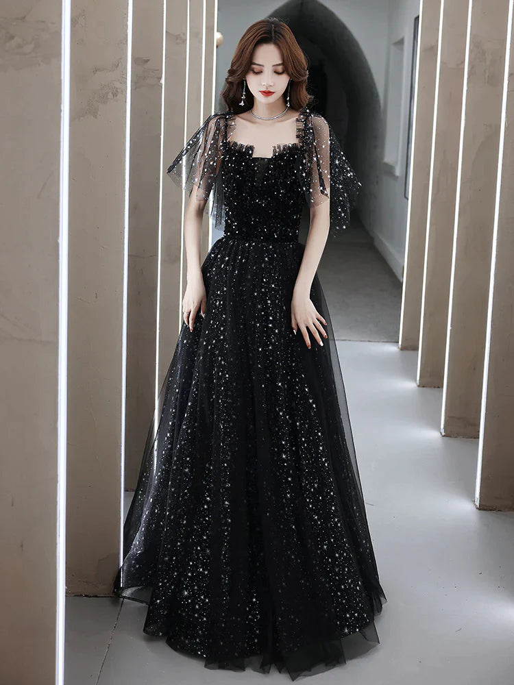 prom dress color trendsBlack Off Shoulder Tulle Long Prom Dress, A-line Black Shiny Tulle Formal Dress