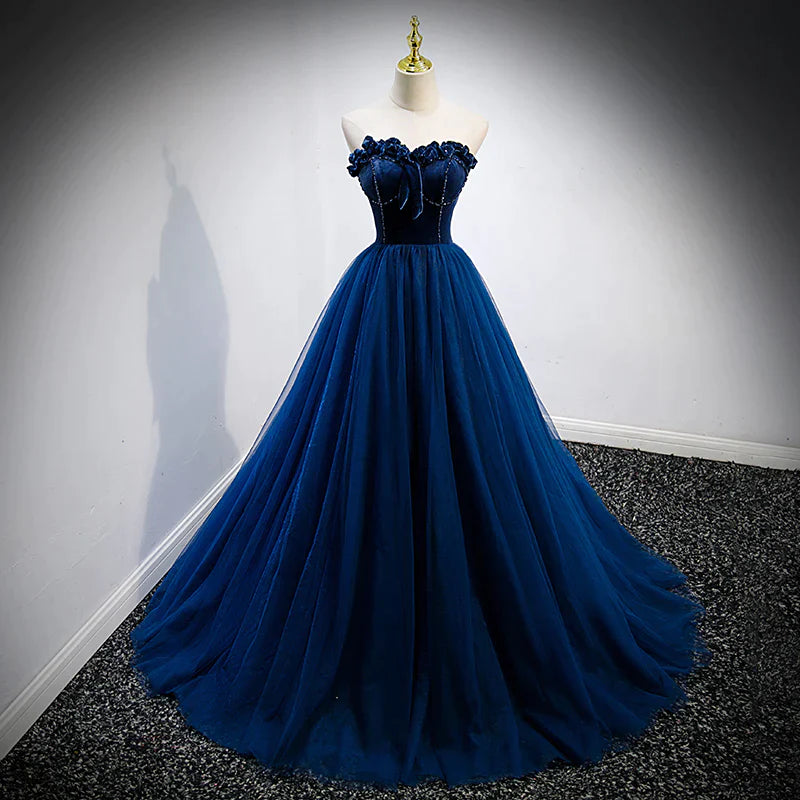 beaded prom dressesNavy Blue Velvet Top and Tulle Long Formal Dress, Blue Sweetheart Prom Dress