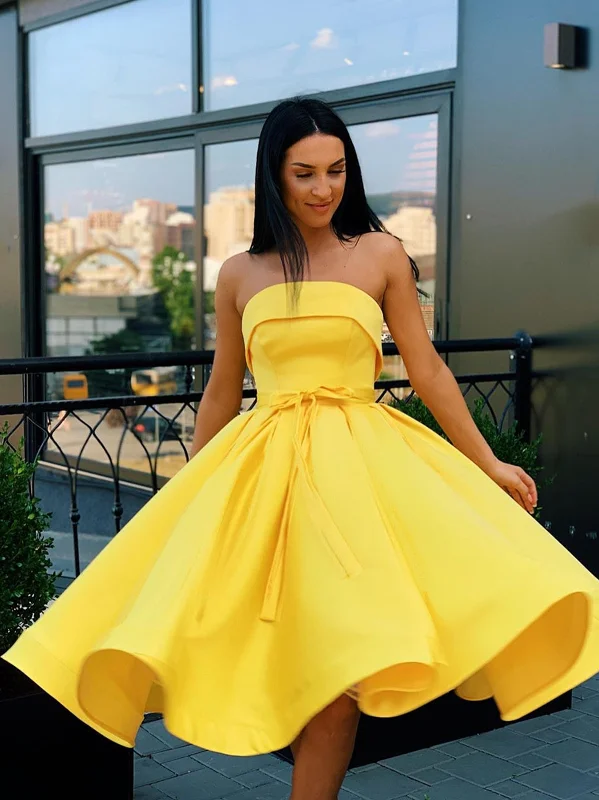 short prom dressesA Line Strapless Short Pink Yellow Prom Dresses, Strapless Short Pink Formal Graduation Homecoming Dresses