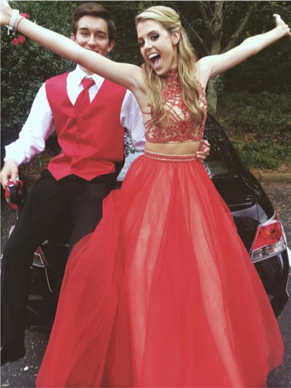 halter prom dressesCustom Made High Neck 2 Pieces Long Red Prom Dress, 2 Pieces Red Formal Dress