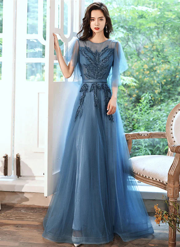 prom dress try-on ideasTeal Blue Tulle A-line Long Prom Dress with Lace, Long Formal Dress