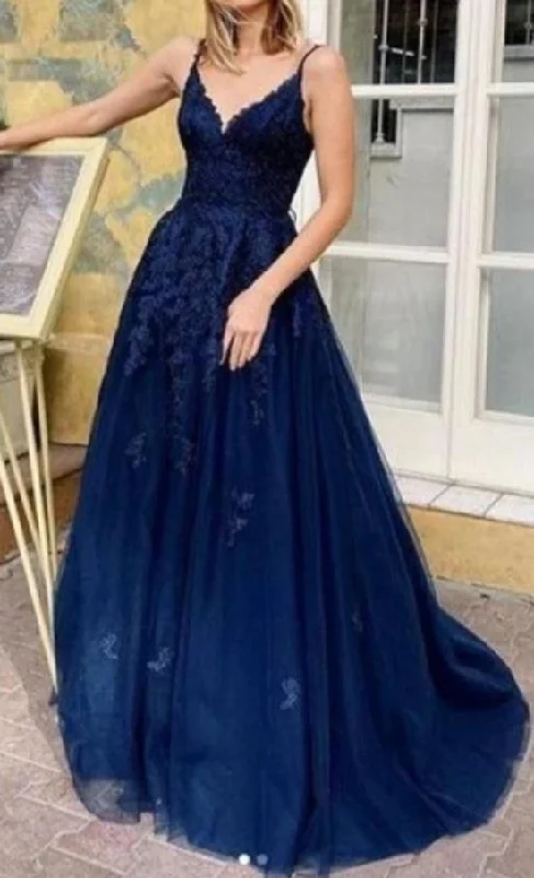 luxury prom dressesFashion Cross Back Navy Blue Prom Dress