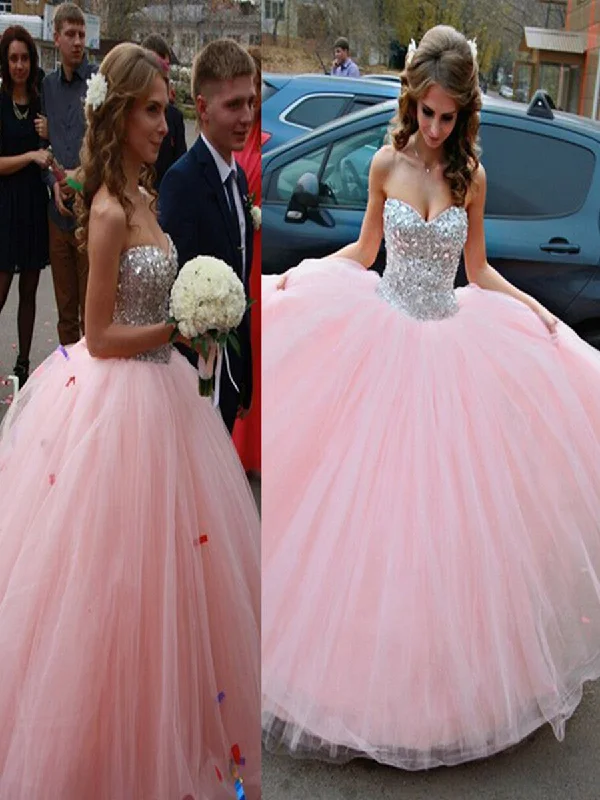 off-shoulder prom dressesPink Ball Gown Girls Sweet 16 , Tulle Rhinestone Long Prom Dress, Formal Dresses