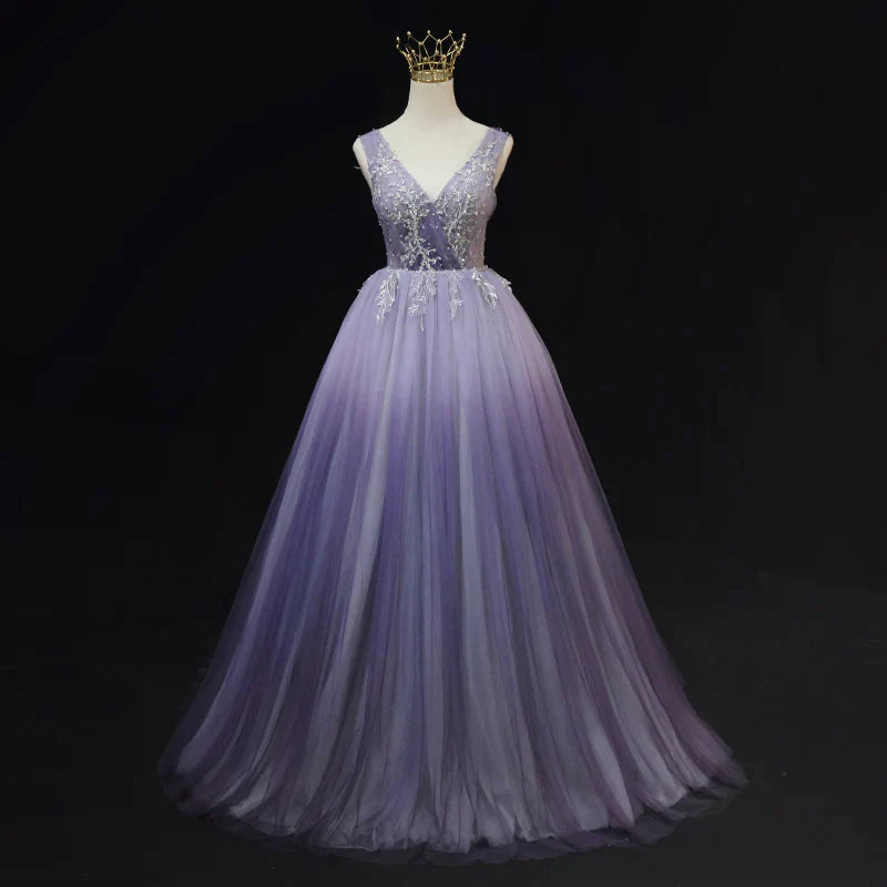 chiffon prom dressesLight Purple Tulle Gradient Lace Applique Formal Dress, Beautiful Long Prom Dress