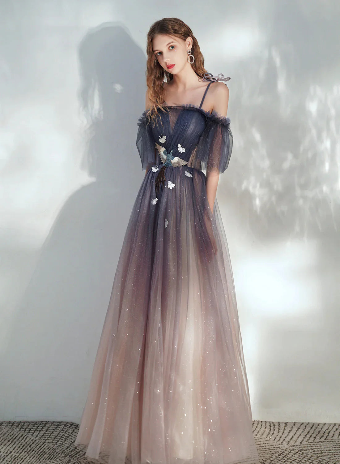 classic prom dressesBeautiful Gradient Tulle Off Shoulder with Butterflies, A-line Simple Long Prom Dress