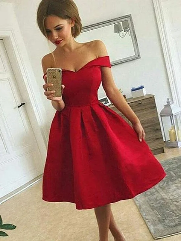 sleeveless prom dressesCute Off Shoulder Red Satin Short Prom Dresses, Off Shoulder Red Homecoming Dresses, Red Graduation Dresses, Formal Dresses