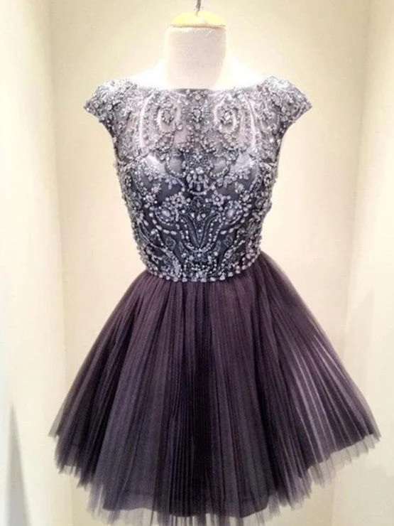 prom dresses with floral embroideryShort Grey Beaded Tull Prom Dresses, Short Grey Homecoming /Graduation Dresses