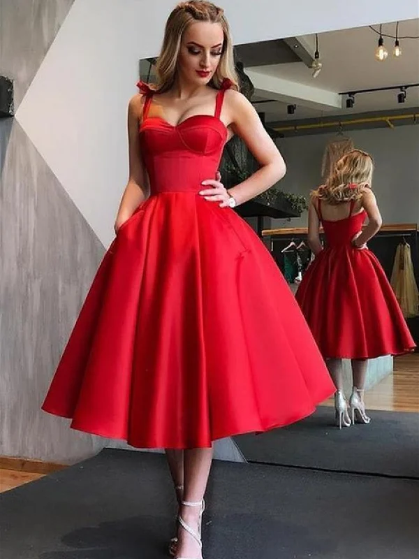 fitted prom dressesCute Red Spaghetti Straps Backless Stain Pleated Homecoming Dresses with Pocket, Red Tea Length Prom Dresses, Formal Dresses