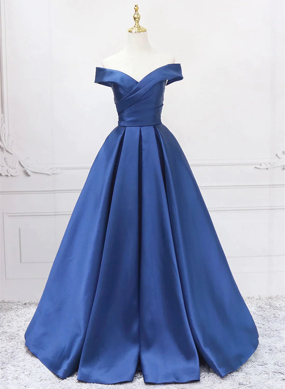 off-the-shoulder prom dressesOff Shoulder Blue Satin A-line Floor Length Prom Dress, Blue Simple Formal Dress