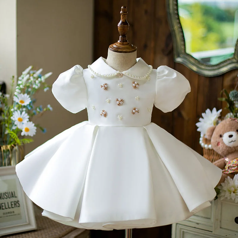 illusion neckline prom dressesToddler Prom Dress Girl Princess Summer White Bead Doll Collar Christening Dress