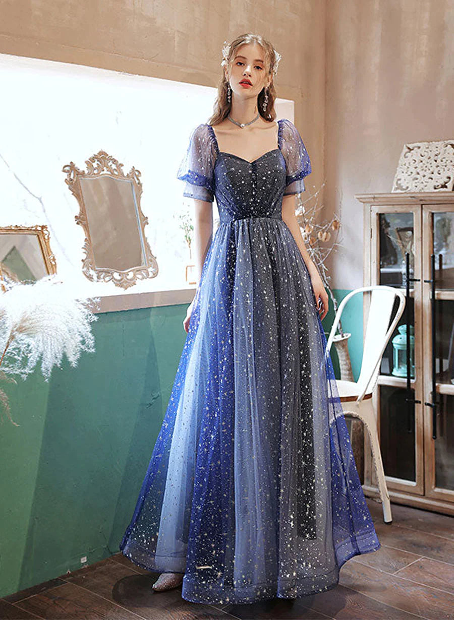 prom dress cleaningDark Blue Sweetheart Short Sleeves Formal Dress, Blue A-line Prom Dress