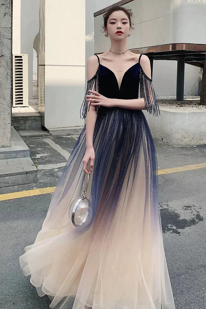 vintage prom dressesBeautiful Tulle Blue Gradient V-neckline Straps Prom Dress, A-line Tulle Formal Dress