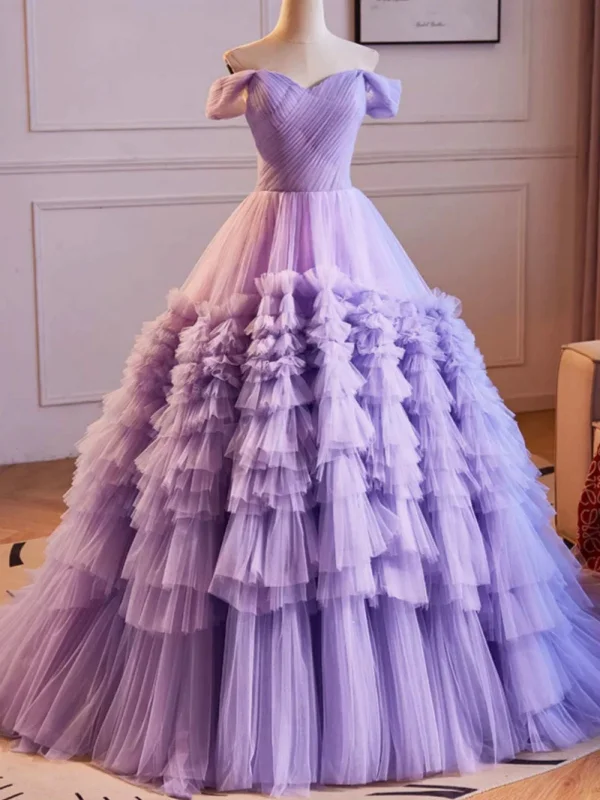 flowy prom dressesGorgeous Off the Shoulder Layered Lilac Tulle Long Prom Dresses, Purple Tulle Formal Dresses, Lilac Ball Gown SP2883