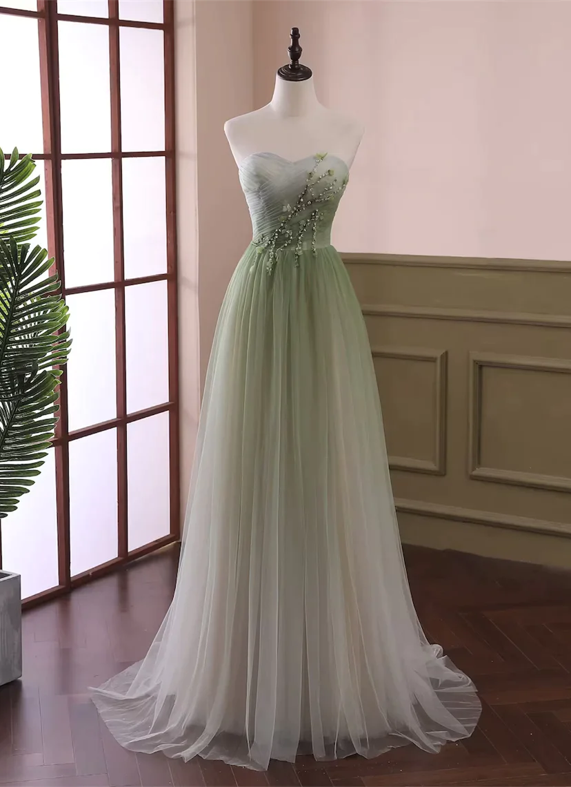 satin prom dressesLight Green Gradient Tulle Long Formal Dress, Green Beaded Sweetheart Prom Dresses