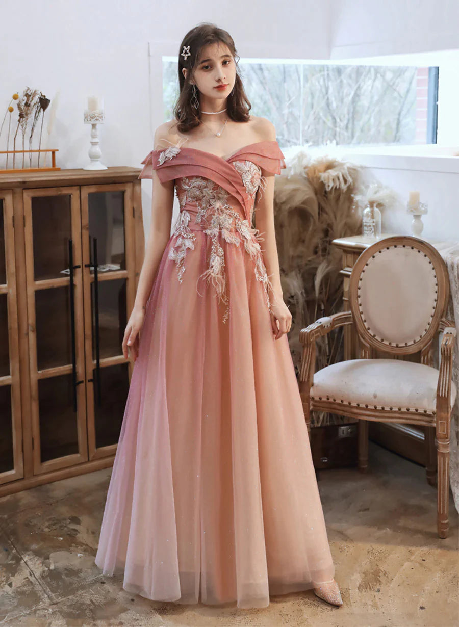 prom dress shopping tipsGradient Pink Off Shoulder A-line with Flowers Prom Dress, Pink Long Formal Dress