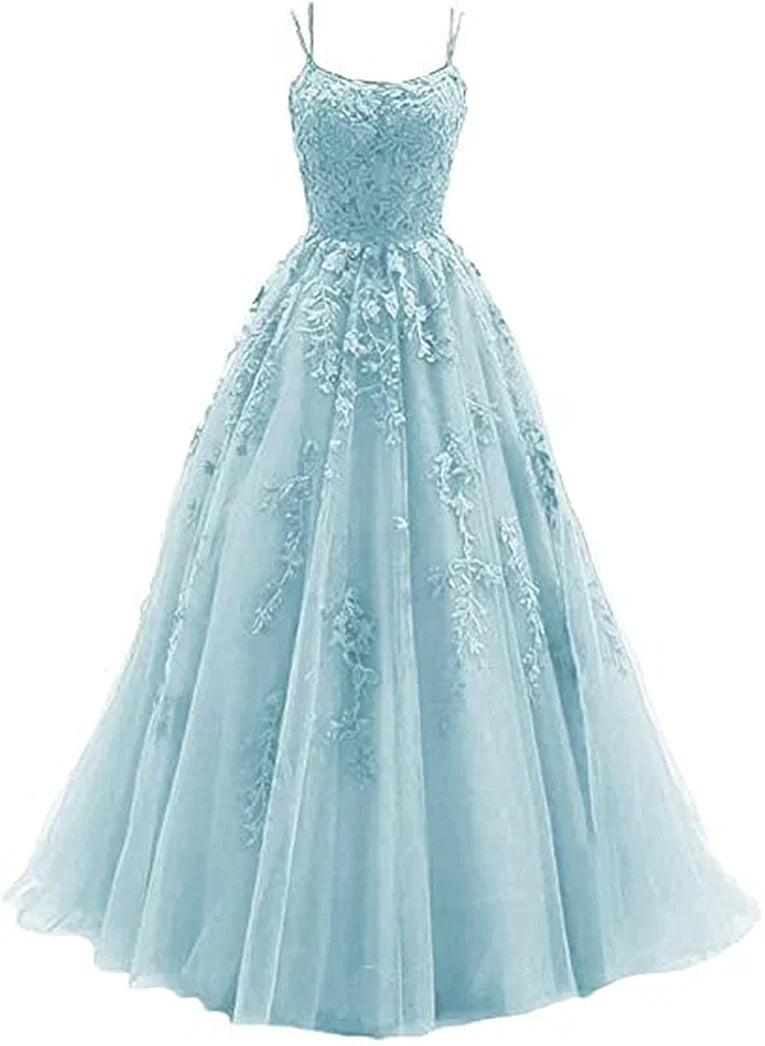 prom dress fitting adviceLight Blue Straps Cross Back Tulle with Lace Applique Prom Dress, Blue Formal Dress