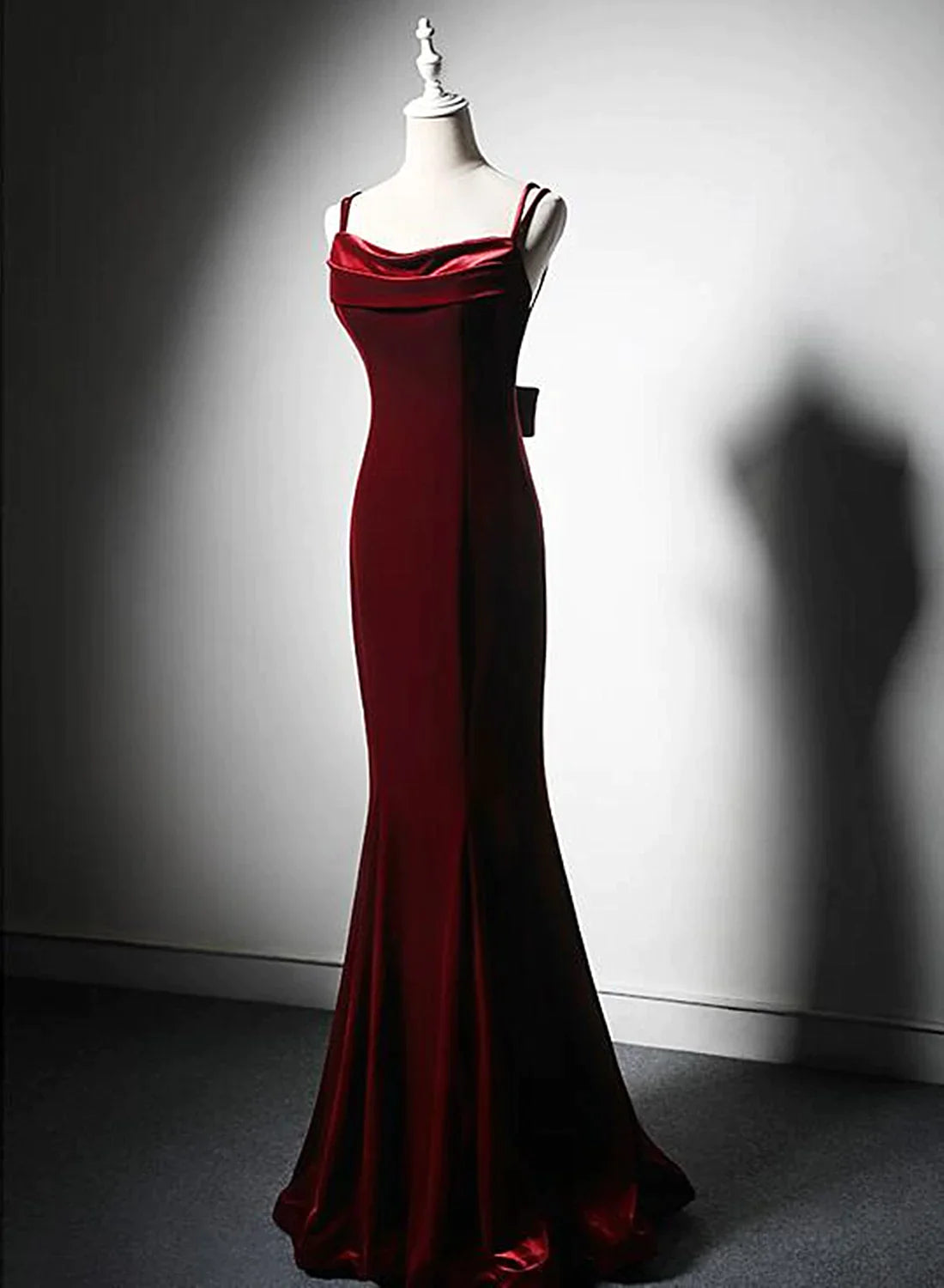 halter neck prom dressesWine Red Low Back Mermaid Formal Dress, Velvet Straps Long Prom Dress