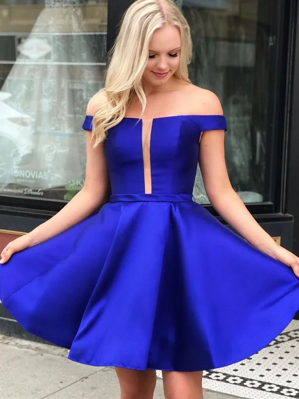 long prom dressesOff Shoulder Short Royal Blue Prom Dresses, Short Royal Blue Formal Homecoming Graduation Dresses