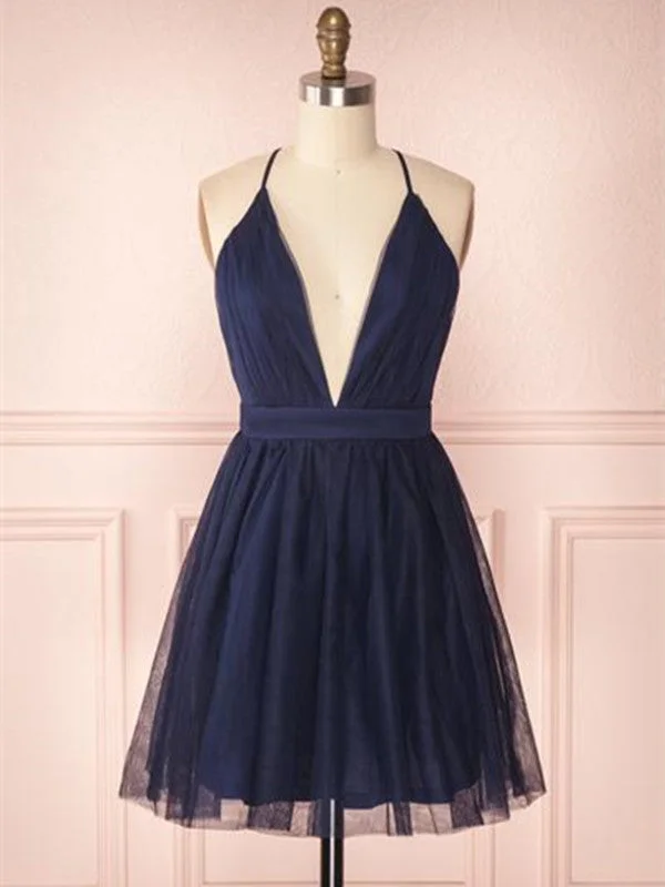 affordable prom dressesA Line V Neck Navy Blue Short Prom Dresses, Navy Blue Homecoming Dresses