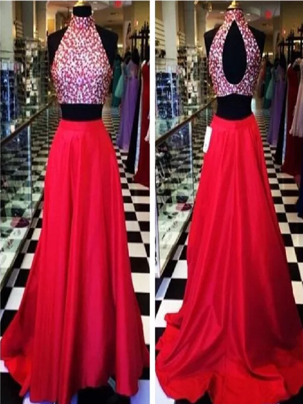 lace-up prom dressesCustom Made High Neck 2 Pieces Red Long Prom Dress, Red Formal Dress