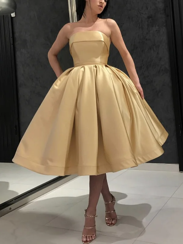 flutter sleeve prom dressesStrapless Tea Length Golden Prom Dresses, Strapless Golden Homecoming Dresses, Golden Cocktail Dresses, Golden Tea Length Formal Dresses