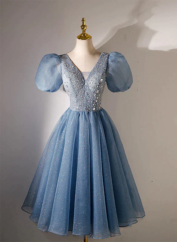 silk prom dressesBlue Beaded Tulle Short Sleeves Formal Dresses, Blue Homecoming Dress Prom Dress