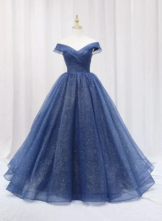 modern prom dressesNavy Blue Off Shoulder Shiny Tulle Floor Length Prom Dress, Blue Prom Dress