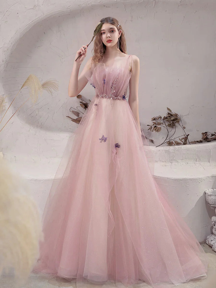 long prom dressesPink Tulle with Beadings Spaghetti Strap Long Formal Dress, Pink Junior Prom Dress