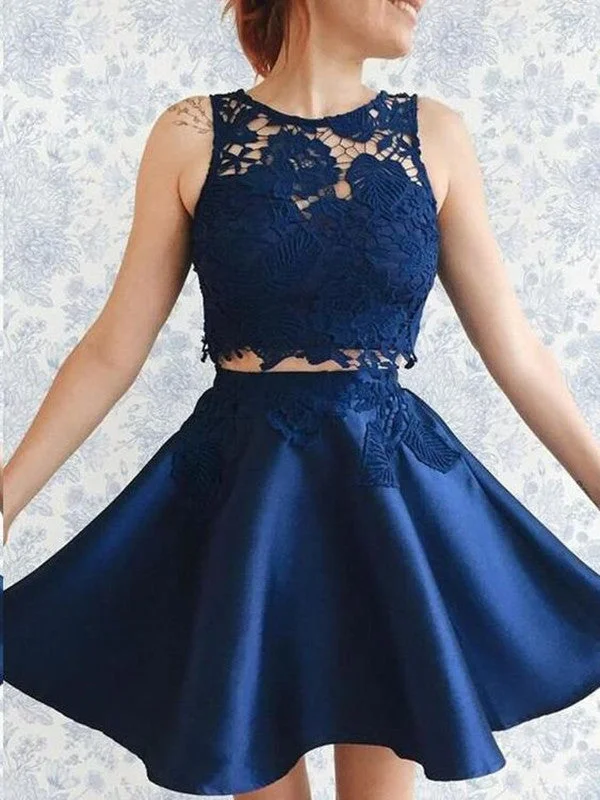 maxi prom dressesDark Blue Round Neck Two Pieces Lace Prom Dresses, Dark Blue Lace Homecoming Dresses