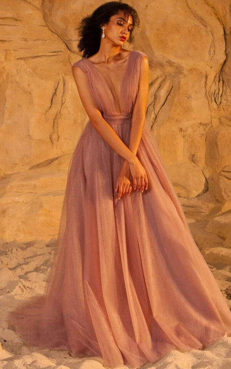 off-shoulder prom dressesPlunged Chiffon Cap Empire Pleated A-line Prom Dress with Bow and Low-v Back