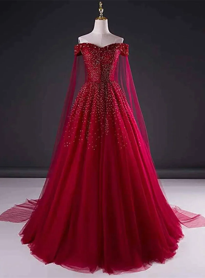 glamorous prom dressesWine Red Tulle Beaded Tulle Sparkle Long Prom Dress, Dark Red Sweet 16 Gown