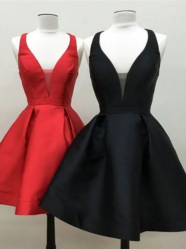 convertible prom dressesCute Deep V Neck Black Dresses Red Homecoming Dresses, Sexy Black Prom Dresses