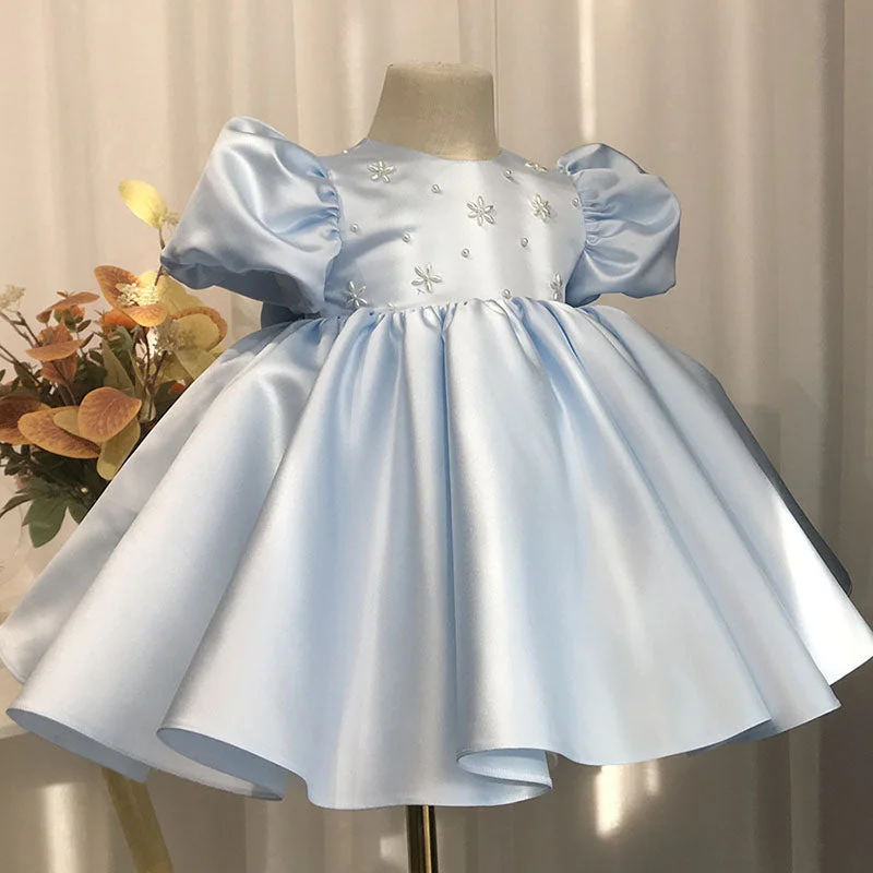 prom dresses with illusion panelsToddler Prom Dress Girl Baptism Communion Dress Satin Puffy Princess Dress