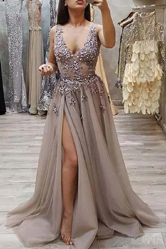 prom dress inspiration galleriesA-line Beaded V-neck Tulle Prom Dresses With Slit Long Prom Gowns