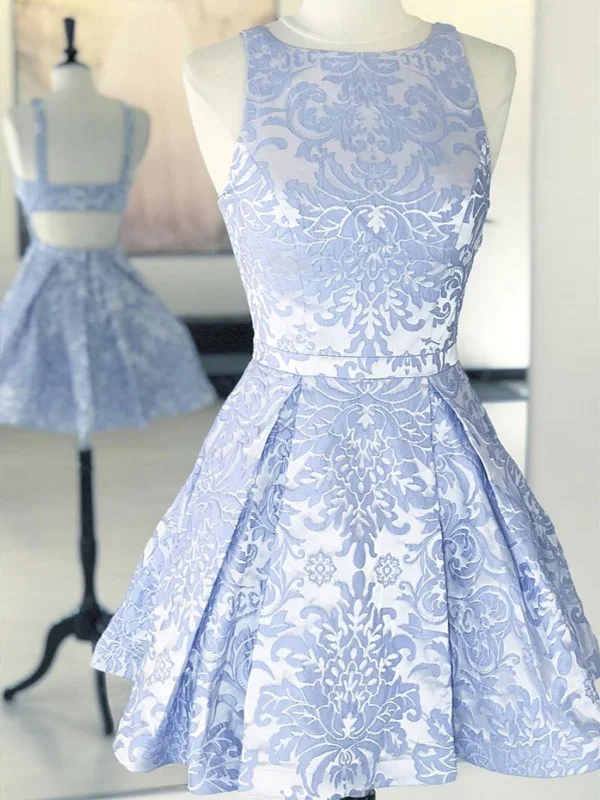 spaghetti strap prom dressesA Line Round Neck Open Back Short Blue Lace Prom Dresses, Short Blue Lace Formal Homecoming Graduation Dresses