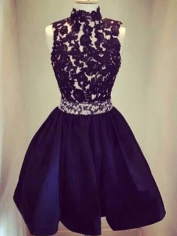 prom dresses for winterRound Neck Backless Black Short Lace Prom Dresses, Short Lace Graduation Dresses, Homecoming Dresses