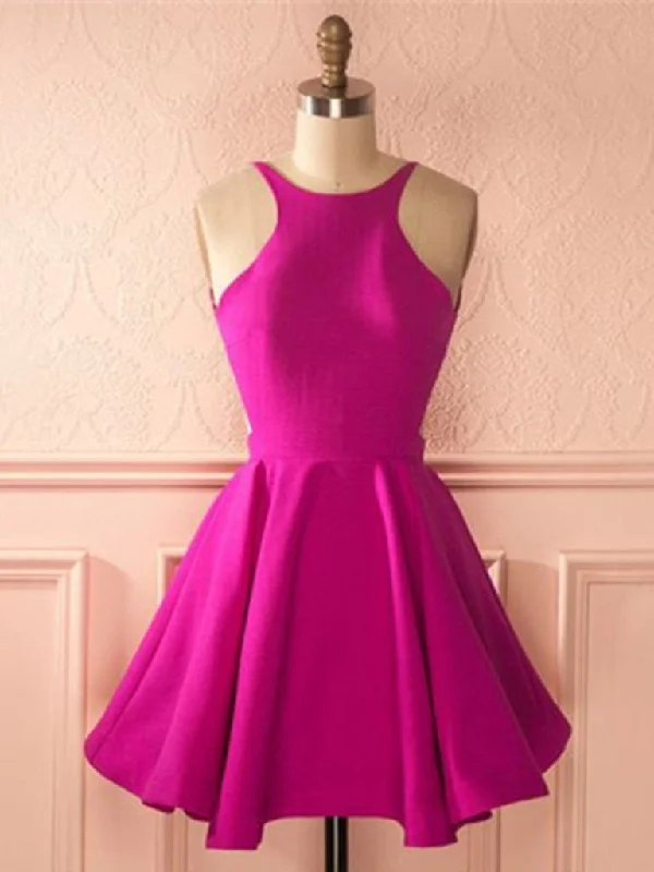 prom dress color trendsFuchsia A Line Round Neck Backless Short Prom Dresses, Fuchsia Homecoming Dresses, Backless Graduation Dresses