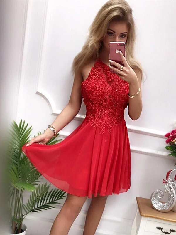 illusion sleeve prom dressesShort Gray/Red Lace Prom Dresses, Short High Neck Gray/Red Lace Formal Homecoming Dresses