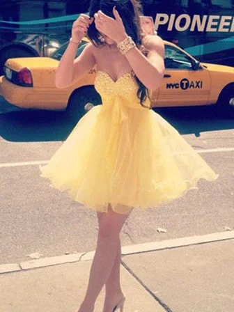 prom dresses with detachable sleevesSweetheart Neck Short Yellow Prom Dress, Homecoming Dress, Graduation Dress