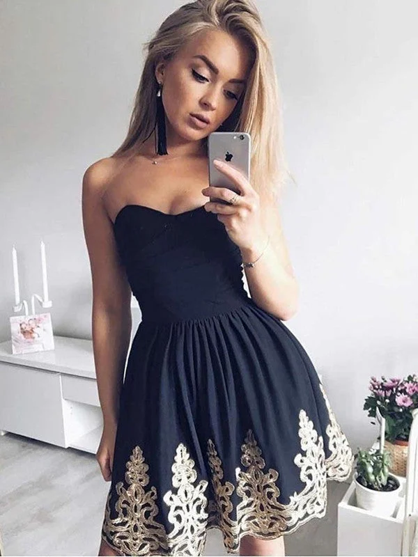 prom dresses for apple shapesSweetheart Neck Short Black Prom Dresses With Lace Appliques, Black Homecoming Dresses