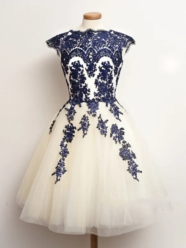 floral prom dressesRound Neck White And Blue Short Lace Prom Dresses, Short Dresses For Prom, Homecoming Dresses