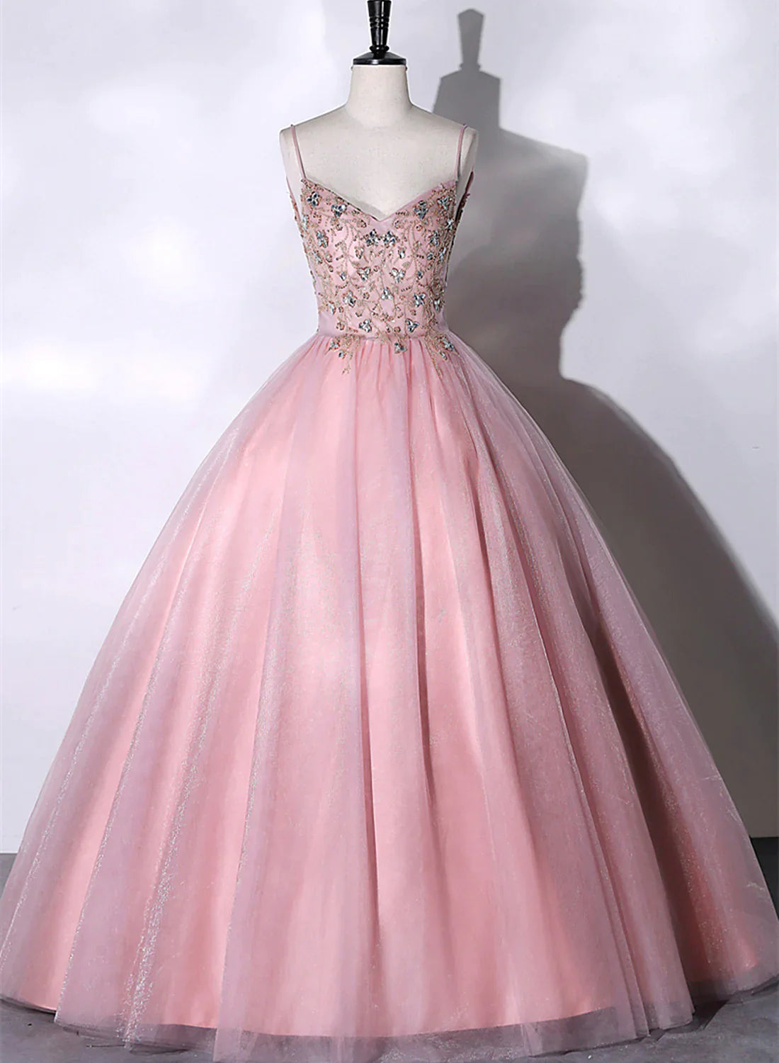 spaghetti strap prom dressesPink Ball Gown Beaded V-neckline Prom Dress, Pink Sweet 16 Dresses