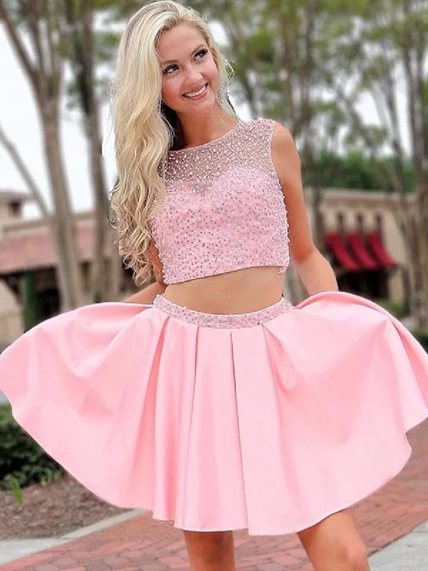 ball gown prom dressesRound Neck 2 Pieces Beades Pink Prom Dresses, Pink 2 Pieces Homecoming Dresses, Pink Short Formal Dresses