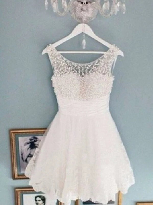 prom dresses for springRound Neck White Short Lace Prom Dresses, White Short Lace Homecoming Dresses/Graduation Dress